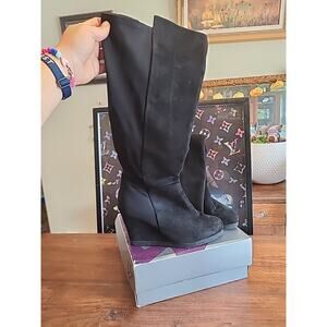 Lane Bryant Black Fabric Knee High Wedge Boots Size 12